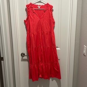 Crown & Ivy Vibrant Coral Ruffle Midi Dress